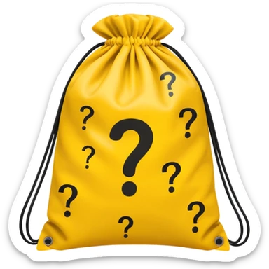 drawstring bag printed withoverstuffed with yellow question marks sticker