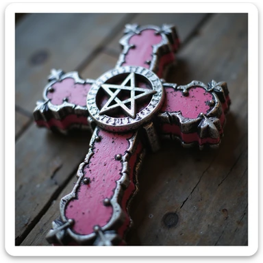 realistic gothic cross, pink with a silver pentagram, photorealistic style sticker