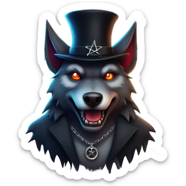 demon wolf with a pentagram top hat and a demonic chain with a mysterious night background sticker