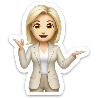 Full height Actively gesturing with hands pale skin woman with ash blonde Straightened bob Hair, White Spacious classical jacket, beige palazzo Arrow pants and gray blouse sticker