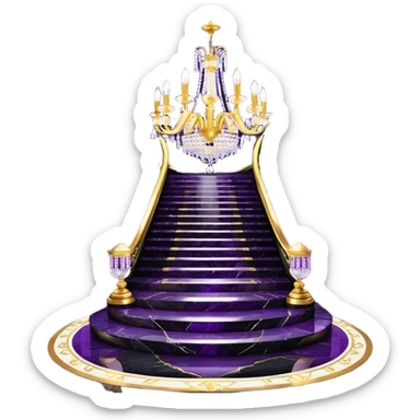 Luxurious black marble hallway stairs with gold and white accents  with purple crystals in chandelier sticker