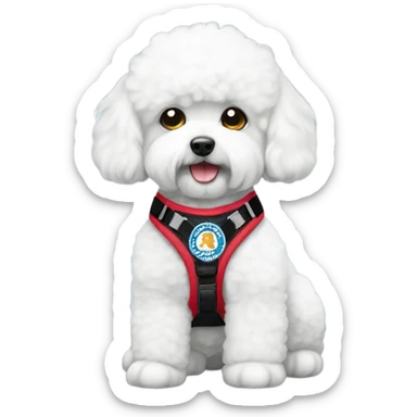 A cute Bichon wearing a service dog harness sticker
