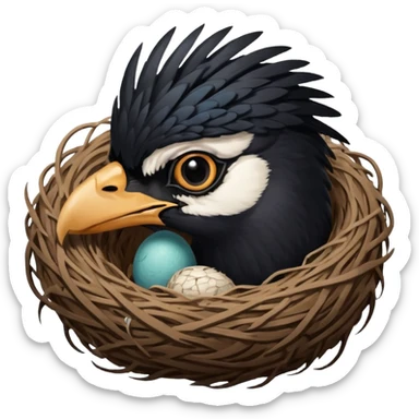 A man who has hair on the top of his head, that is actually an Australian Magpie, birds nest. sticker