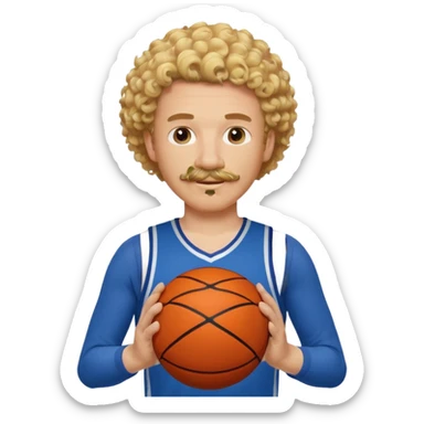 white blonde curly hair man basketball player blue jersey with mustache holding basket ball sticker