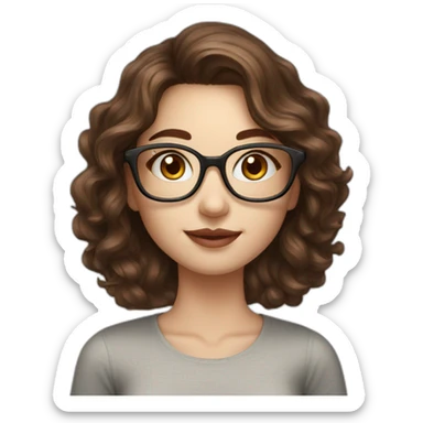 gorgeous young lady, white skin, wavy brown hair, glasses, sticker