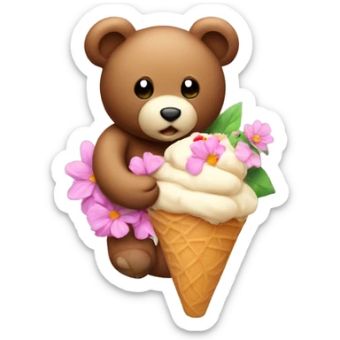 teddy bear eating an ice cream on top of a flower sticker