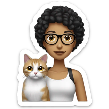 chica blanca de pelo negro lacio y gafas con chico moreno con un moño y un gato blanco y negro sticker