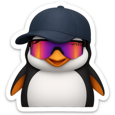Add Pit Viper style sunglasses to the happy penguin with a baseball cap. Remove the background. Maintain the original style and look of the penguin. sticker