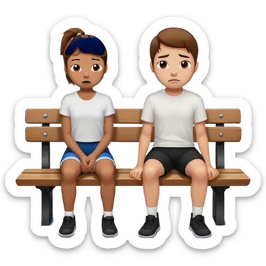 girl with brown ponytail and ugly face  with boy  with brown hair black short and a white shirt sitting sobbing by himself on a bench with a lake in the back  sticker
