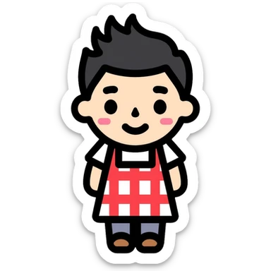 chubby boy with black hair styled upward in front, wearing a red and white checkered plaid apron sticker