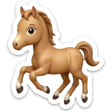 3D Apple-style emoji of a running foal. Small young horse with light brown body, short mane, big eyes, rounded and glossy, smooth shading, white background.

 sticker