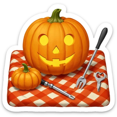 Pumpkin carving on a red gingham blanket  sticker