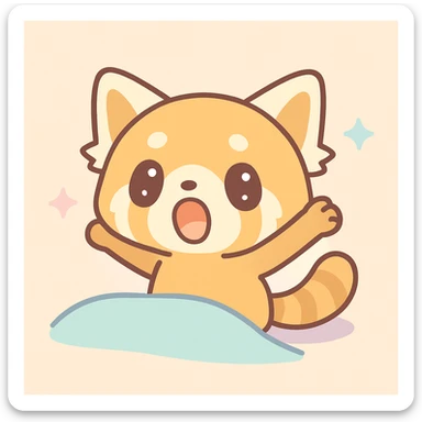 Aggretsuko red panda stretching and yawning morning sunlight, kawaii style sticker