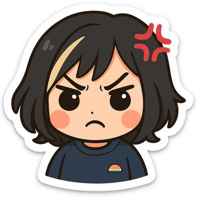 Edit this exact chibi girl to look angry with her mouth closed, keeping the same anime chibi style, face, hair, and outfit. Add furrowed brows, a frown, a little anger mark on her forehead, and a closed mouth. Maintain transparent background, sized for Twitch emoji use. sticker