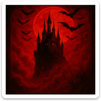 Change the color scheme to red and black with intense red fog and mist, creating an overall red horror palette. Keep all other details unchanged. sticker