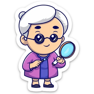 grandmother character holding a magnifying glass sticker