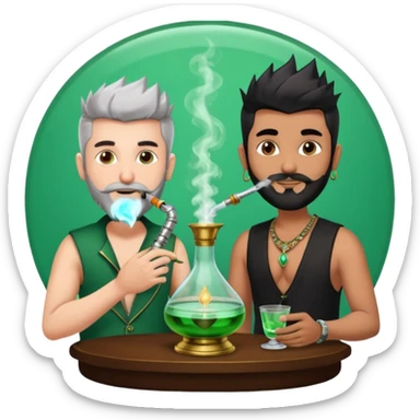 Brass hookah with green design on a glass water base on the top; with two smoke pipes where people are holding them and smoking - one white guy with spikes (silver and black hair) and another Tamil handsome with little beard Indian guy sticker