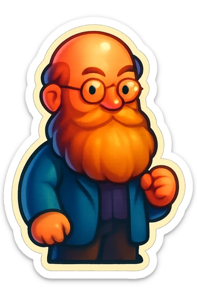 Peter Kropotkin as a cartoon character with a bushy beard, retro sticker style sticker