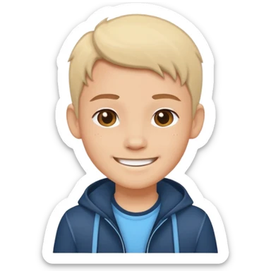 Cartoon avatar sticker of a young person, friendly smile, modern outfit, clean vector illustration, thick outline, flat colors, simple background, sticker style, high quality, transparent background sticker