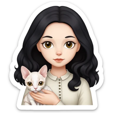 a  girl with black long hair with a white devon rex  sticker