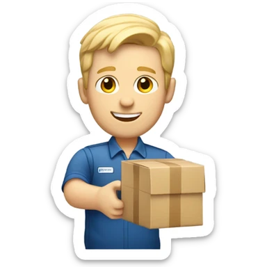 white male mail carrier with blond hair and with a package sticker