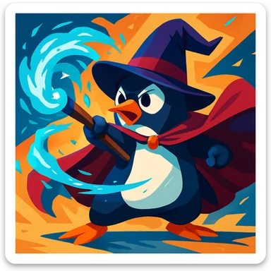 a heroic penguin wizard with a flowing cape, icy blue magic swirling around, in a dynamic, action-packed style sticker