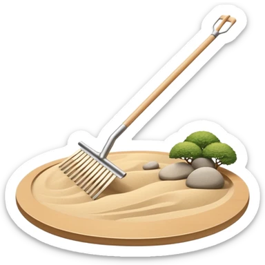 Minimalist emoji of a Japanese zen garden rake, elegant thin lines, light wood tone, sand-beige palette, flat vector style, calm and balanced aesthetic, inspired by zen tranquility, transparent background, premium minimal design sticker