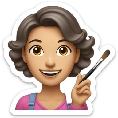 Mujer feliz pintando con un pincel  fino o liner en su mano derecha  sticker