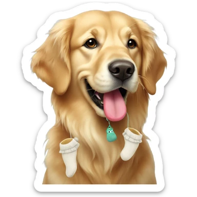 Golden retriever with sock dangling from mouth sticker