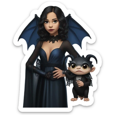 relaxed low-cut back silk black evening gown with lace gloves, Jenna Ortega as Addams woman prom queen wearing a mini tiara, very large blood blue evil-looking horned old dragon hand puppet sticker