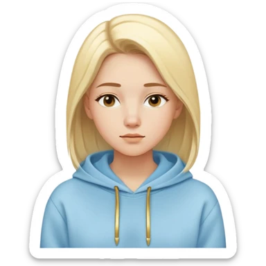 Woman with oval face, light blonde straight hair parted to the side, dreamy expression, wearing a light blue hoodie with gold and white accents sticker