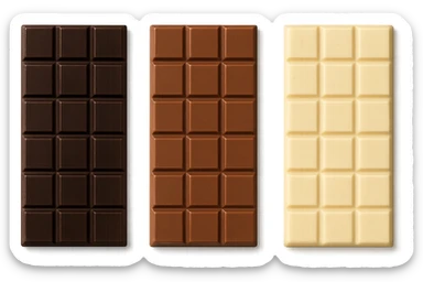 3 BARRETTE DI CIOCCOLATO, UNA FONDENTE, UNA AL LATTE E UNA BIANCA, CON OMBRA REALISTICA, VISTE DALL'ALTO, IPERREALISTICO 4K sticker