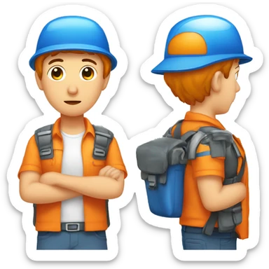 Técnico que repara electrodomésticos, con una gorra naranja y una camisa azul con blanco, con humor triste, con cara triste.  sticker