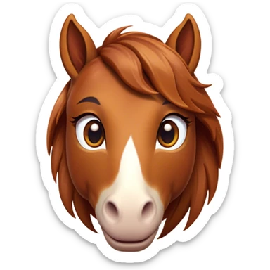 Cinematic Cute Chestnut Horse Portrait Emoji, Head tilted playfully and inquisitively, showcasing a glossy chestnut fur with a vibrant sheen and gentle, expressive amber eyes, Simplified yet irresistibly adorable features, highly detailed, glowing with a warm, friendly glow, high shine, affectionate and spirited, stylized with a touch of whimsy, bright and endearing, soft glowing outline, capturing the essence of a mischievous yet loving horse, so playful it feels like it could prance out of the screen and into your arms! sticker