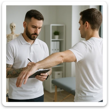 realistic kinesiologist wearing a white shirt with tattoos on arms and a dark wristwatch, observing and noting results of kinesiological assessment on a patient wearing a white t-shirt in a modern clinical environment, professional details, inspired by reference photo https://attic.sh/r66tucayi7ewfjges2vhulor9bux sticker