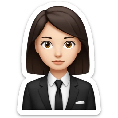 Mujer de pelo cafe oscuro y tez blanca, con camisa blanca y corbata/pañoleta negra, no tiene saco sticker