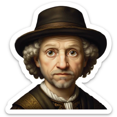 Cinematic Realistic Rembrandt Portrait Emoji, depicted as a master painter with deep reflective eyes and dramatic chiaroscuro, rendered with intricate textures and moody historic lighting that captures his timeless artistry. Caucasian sticker