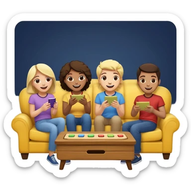 group of friends on couch playing a trivia game couch should be deep dark yellow color.  include a small wooden table in front of the couch as well sticker