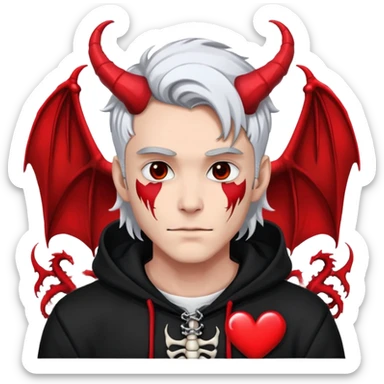 man with black and white hair, half black face, red horns, black hoodie, red wings, dragon skeleton, heart necklace sticker