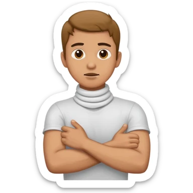 A guy with his arms crossed chocking his neck sticker