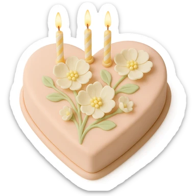 Add birthday candles to the heart-shaped fondant cake with white flowers, fondant cake art style, keep transparent background. sticker