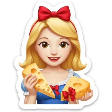  smiling Snow White with red bow holding triangle wedge of cheese sticker