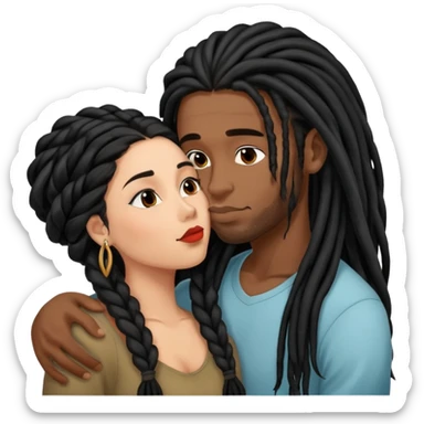 Latina Woman with long hair kissing a young black guy with dreads no beard sticker