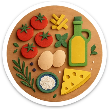 A realistic top-down view of a wooden kitchen table with various common ingredients neatly arranged (like tomatoes, pasta, eggs, cheese, herbs, olive oil). The background should be dark and soft to match a modern app interface. Lighting should highlight the ingredients naturally, with soft shadows. No text, no hands, minimalistic but warm and homely, like a mobile UI background for a cooking app. Should be circle sticker