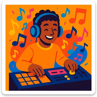 modern music producer wearing headphones surrounded by vibrant colorful music notes sticker