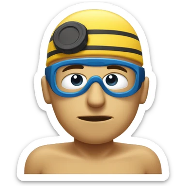 Swimming in terrible mood and very tired. Swimmer is in the swimming pool. he has swimming cap and goggles on his forehead sticker