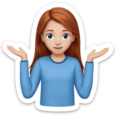shrugging happy emoji tween long auburn hair light blue shirt with a darker blue L sticker