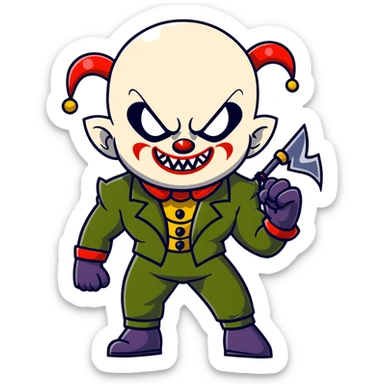 evil clown warrior, bald, very short black devil-like horns on forehead, fangs, pointed ears, black and military green leisure suit, realistically proportioned, bulky and muscular human body, full body visible, battle-ready fighting posture sticker