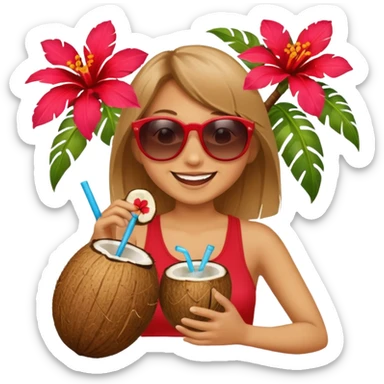 coconut drink with red flowers and summer vibe, with sunglasses and smiling sticker