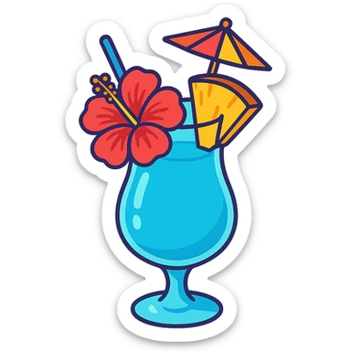blue tropical cocktail with hibiscus, pineapple, and paper umbrella garnishes, vibrant flat toon style sticker